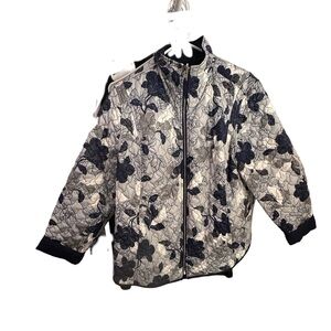 Chico’s Floral Quilted Reversible Jacket Sz 3 (XL/16) Navy/Gray Botanical Print